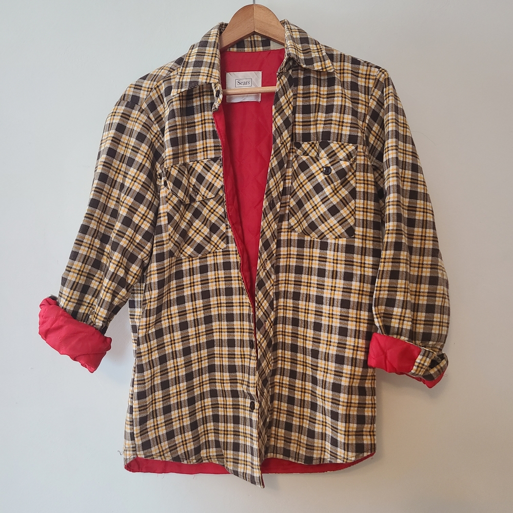 Vintage Plaid Utility Jacket with Red Lining